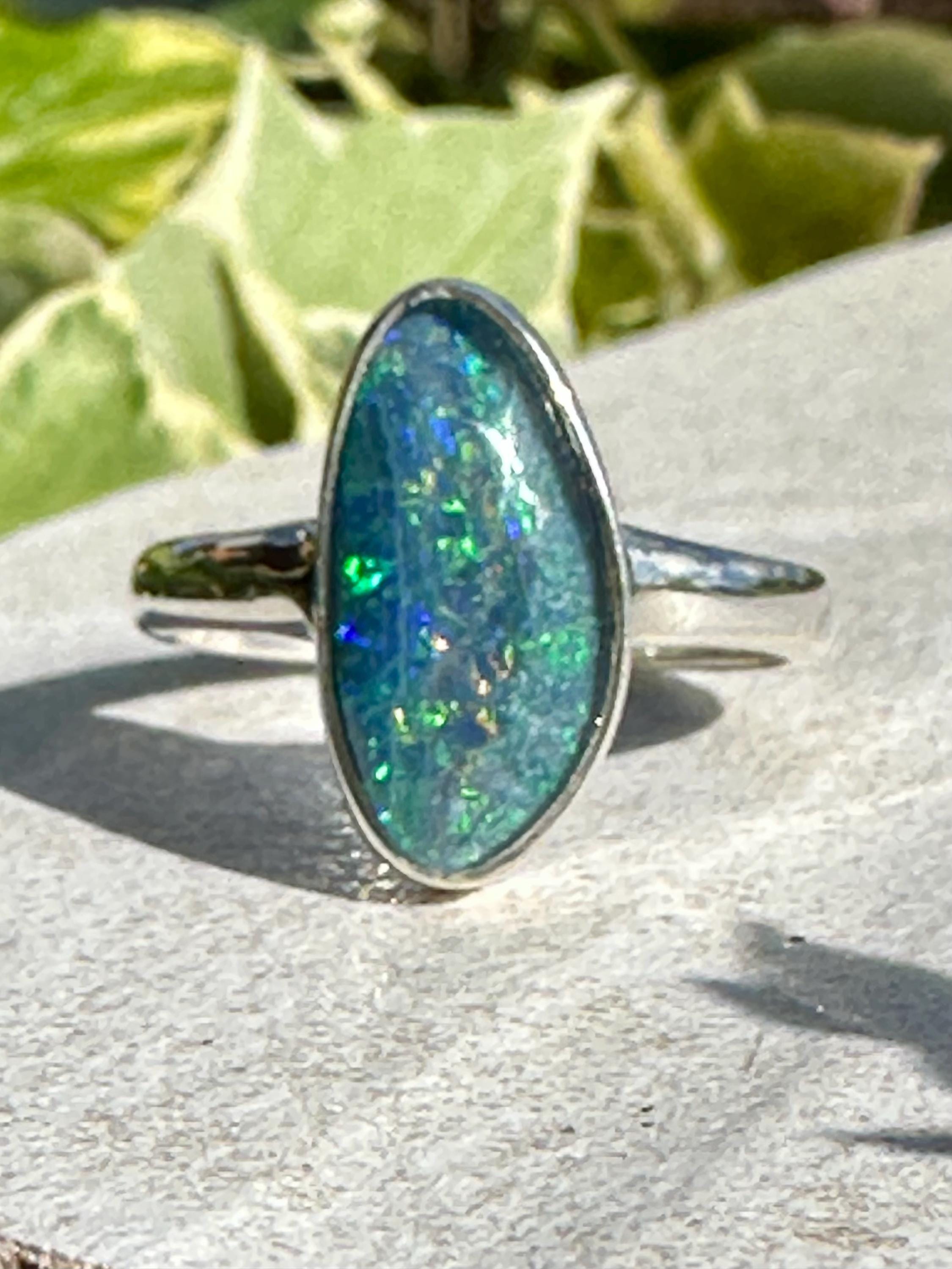 Natural Australian Opal Ring 16mm x 8mm Sterling Silver Size O 1/2 (7 1/2) Handmade UK