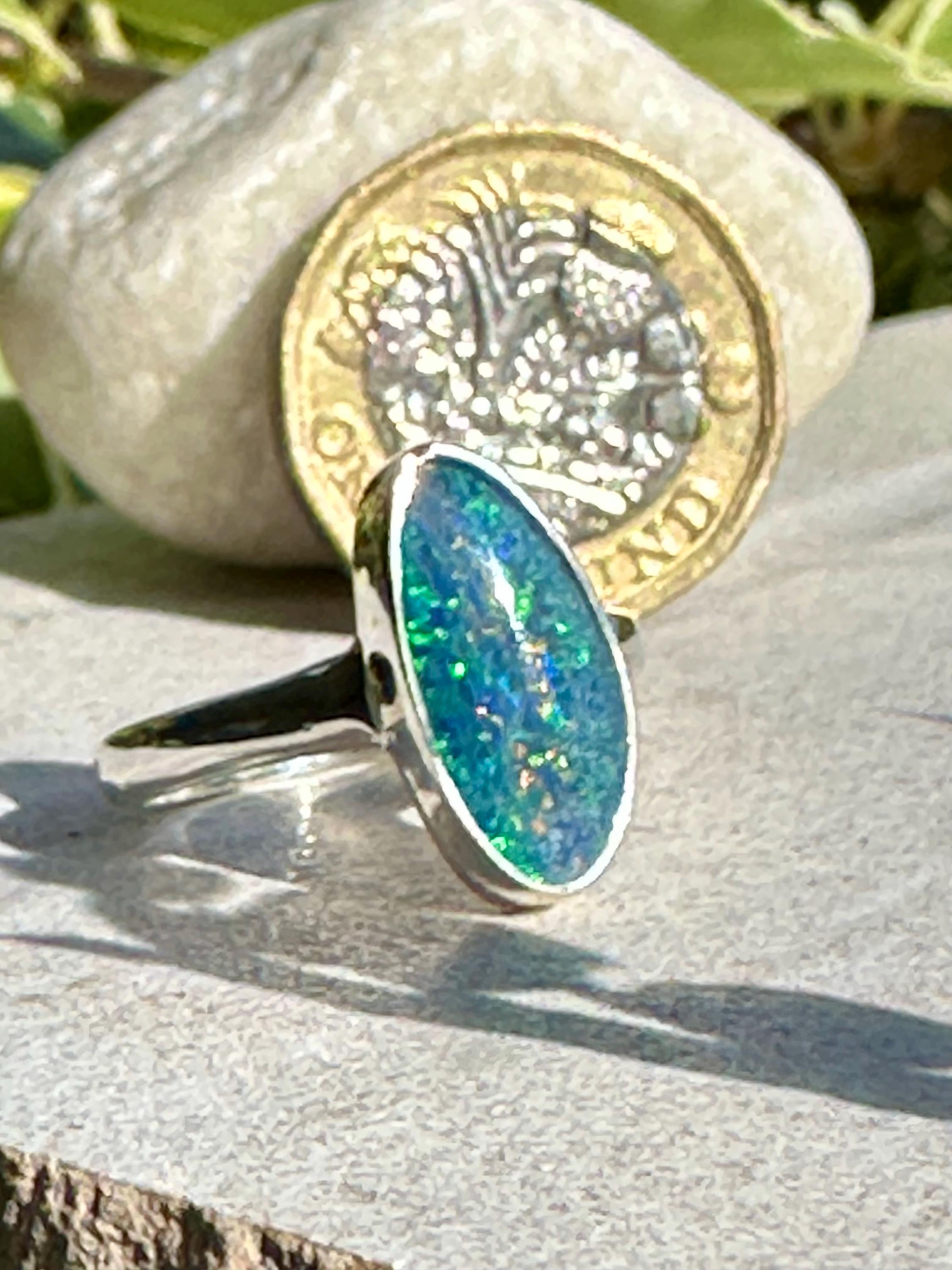 Natural Australian Opal Ring 16mm x 8mm Sterling Silver Size O 1/2 (7 1/2) Handmade UK