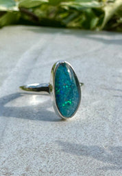 Natural Australian Opal Ring 16mm x 8mm Sterling Silver Size O 1/2 (7 1/2) Handmade UK