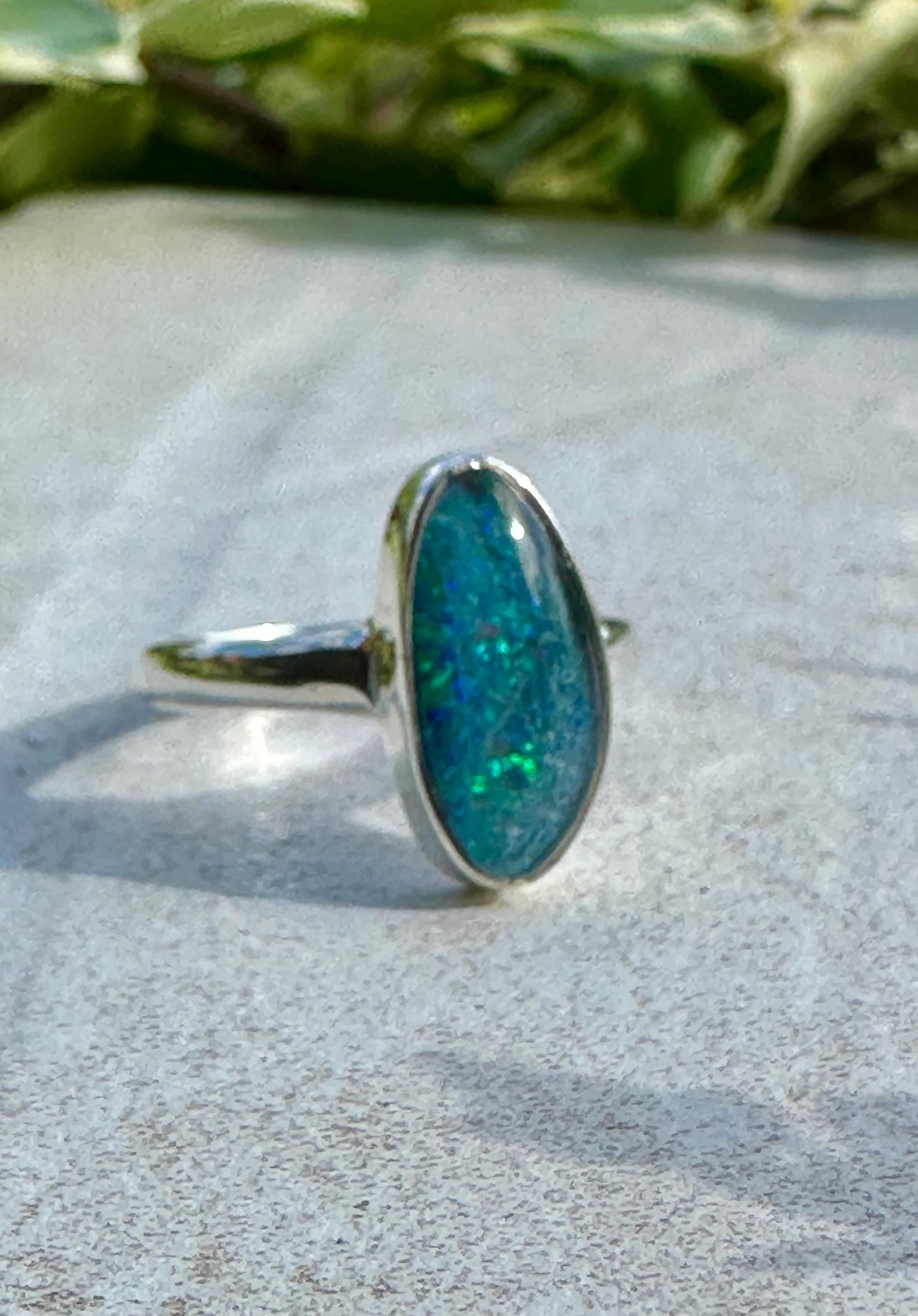 Natural Australian Opal Ring 16mm x 8mm Sterling Silver Size O 1/2 (7 1/2) Handmade UK