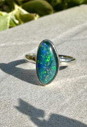 Natural Australian Opal Ring 16mm x 8mm Sterling Silver Size O 1/2 (7 1/2) Handmade UK