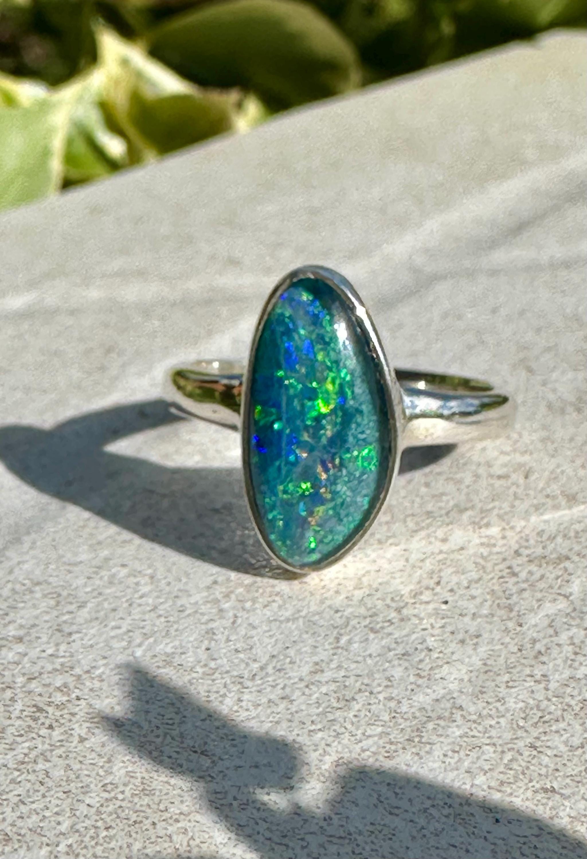 Natural Australian Opal Ring 16mm x 8mm Sterling Silver Size O 1/2 (7 1/2) Handmade UK