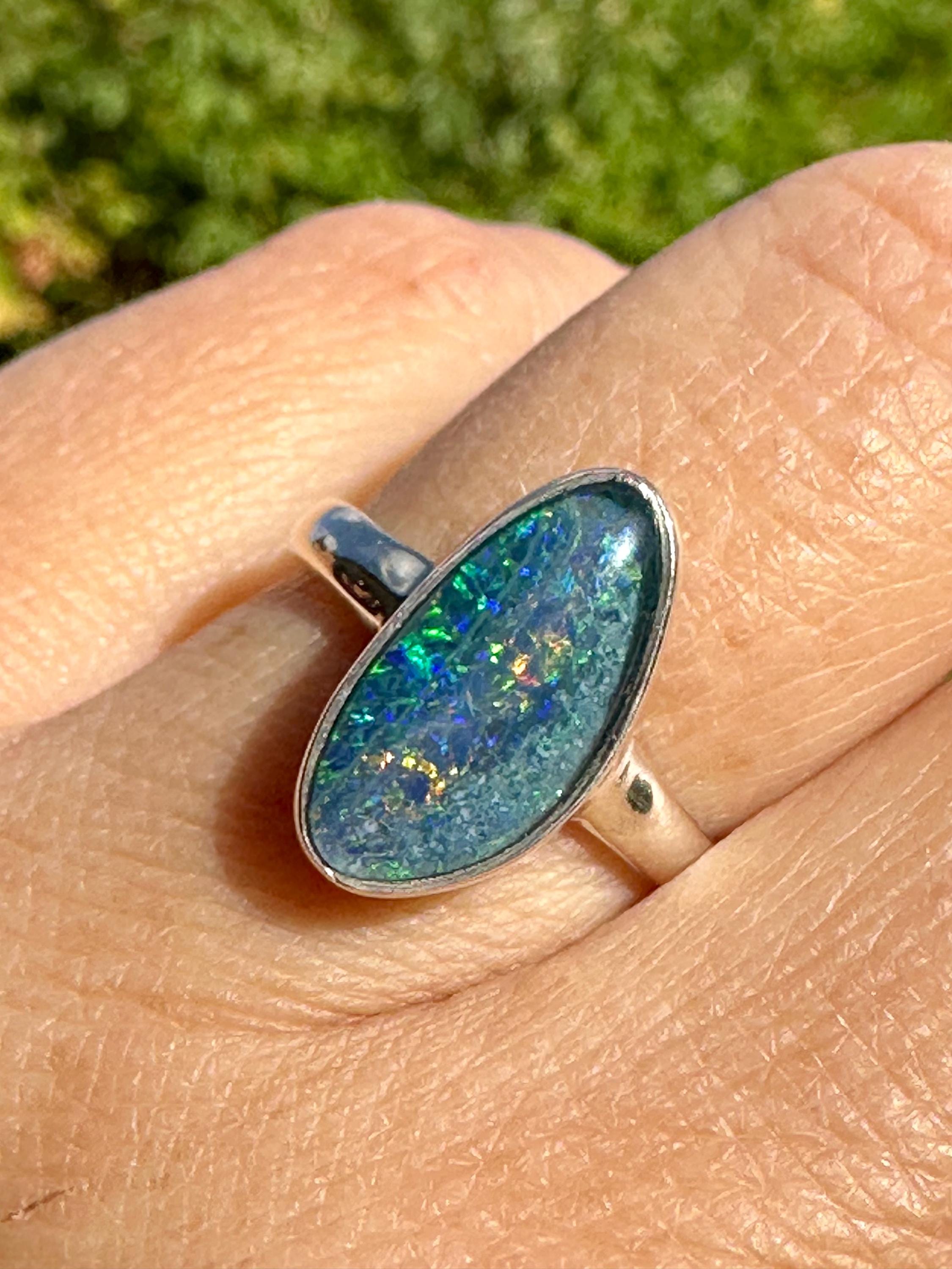 Natural Australian Opal Ring 16mm x 8mm Sterling Silver Size O 1/2 (7 1/2) Handmade UK
