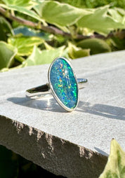 Natural Australian Opal Ring 16mm x 8mm Sterling Silver Size O 1/2 (7 1/2) Handmade UK