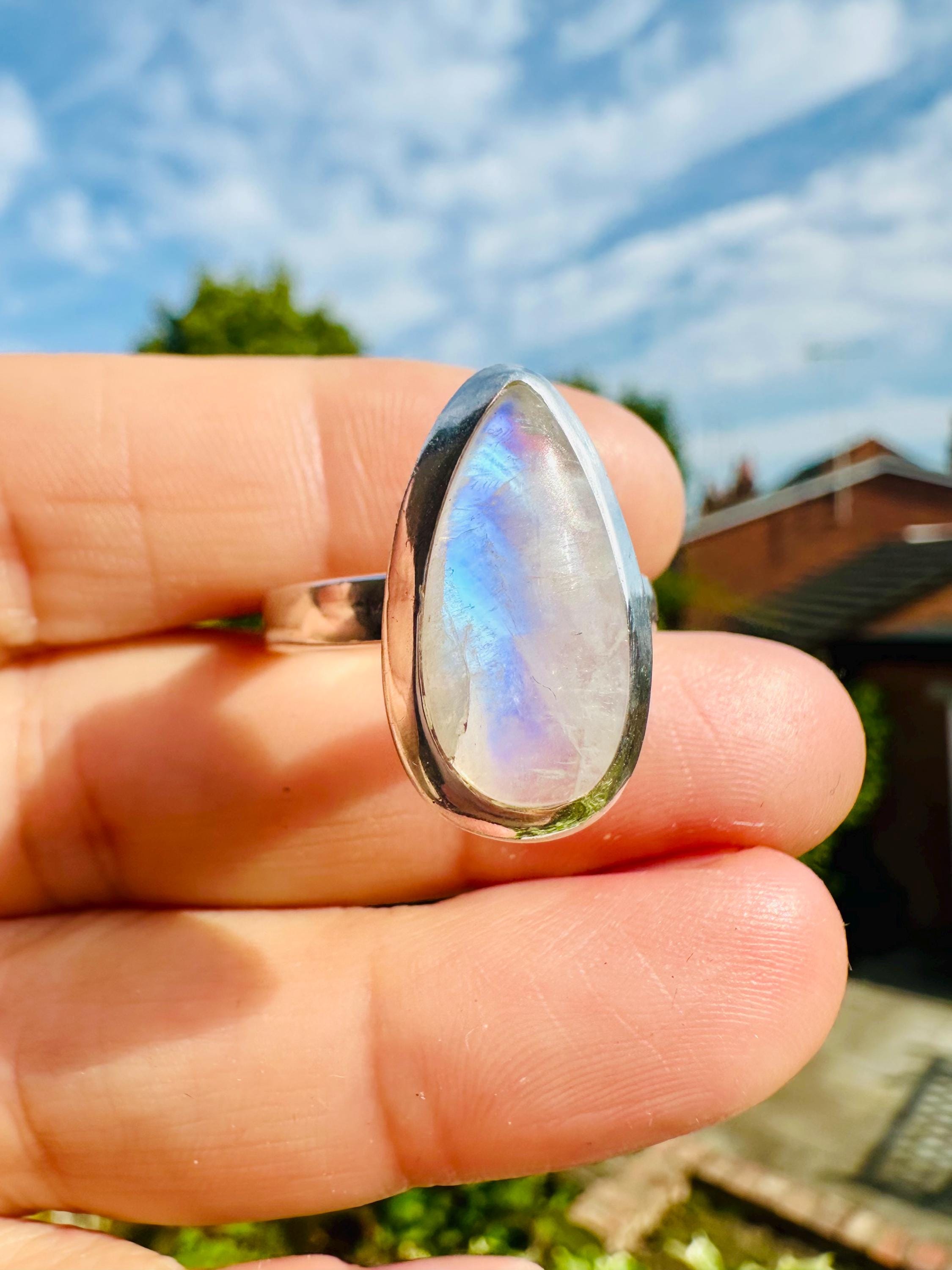 Blue Fire Moonstone Cabochon Ring, Teardrop 21mm x 13mm, Sterling Silver Handmade UK gift