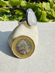 Blue Fire Moonstone Cabochon Ring, Teardrop 21mm x 13mm, Sterling Silver Handmade UK gift