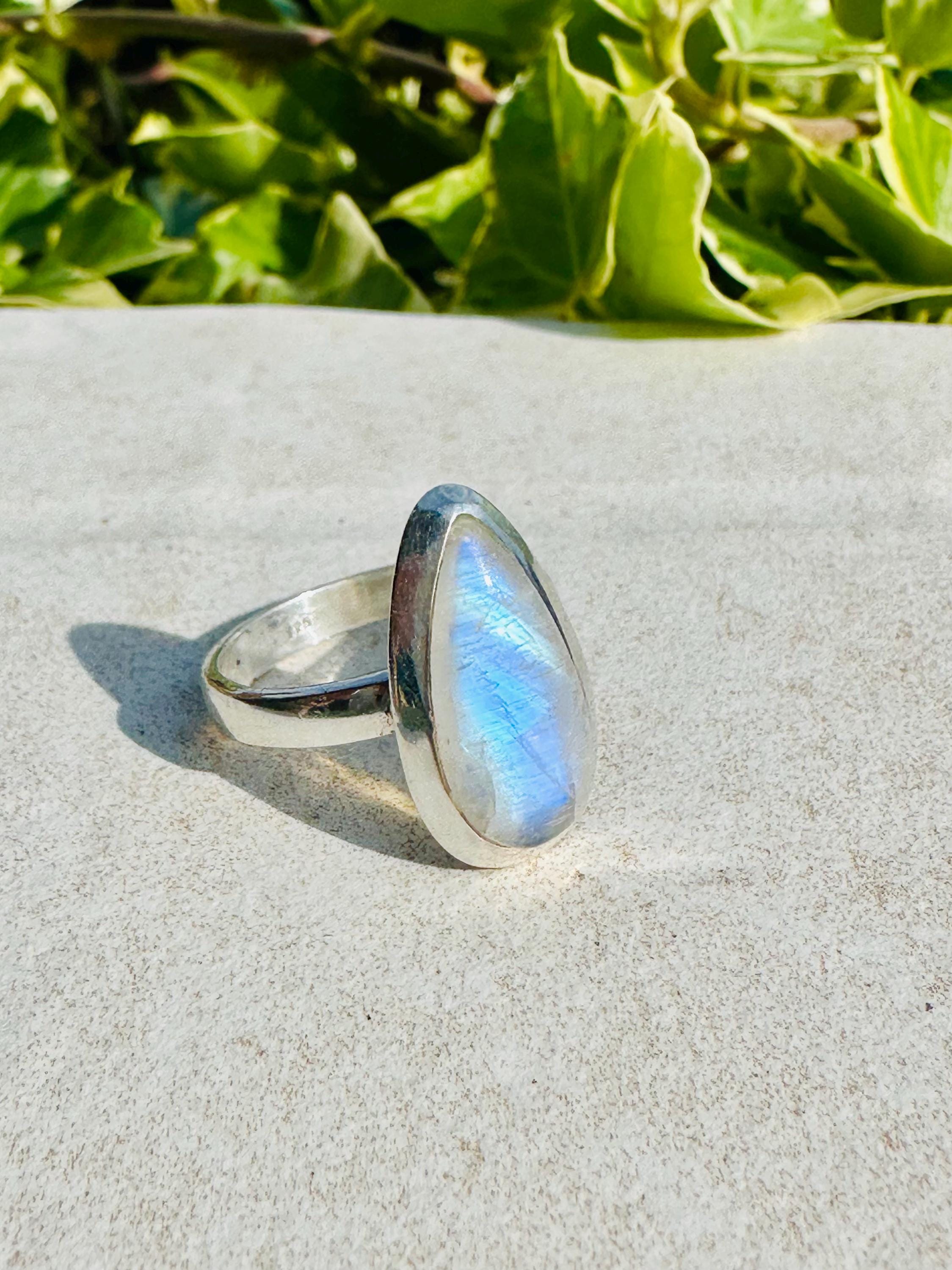 Blue Fire Moonstone Cabochon Ring, Teardrop 21mm x 13mm, Sterling Silver Handmade UK gift