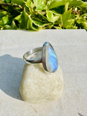 Blue Fire Moonstone Cabochon Ring, Teardrop 21mm x 13mm, Sterling Silver Handmade UK gift