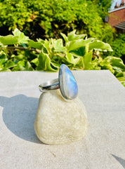 Blue Fire Moonstone Cabochon Ring, Teardrop 21mm x 13mm, Sterling Silver Handmade UK gift