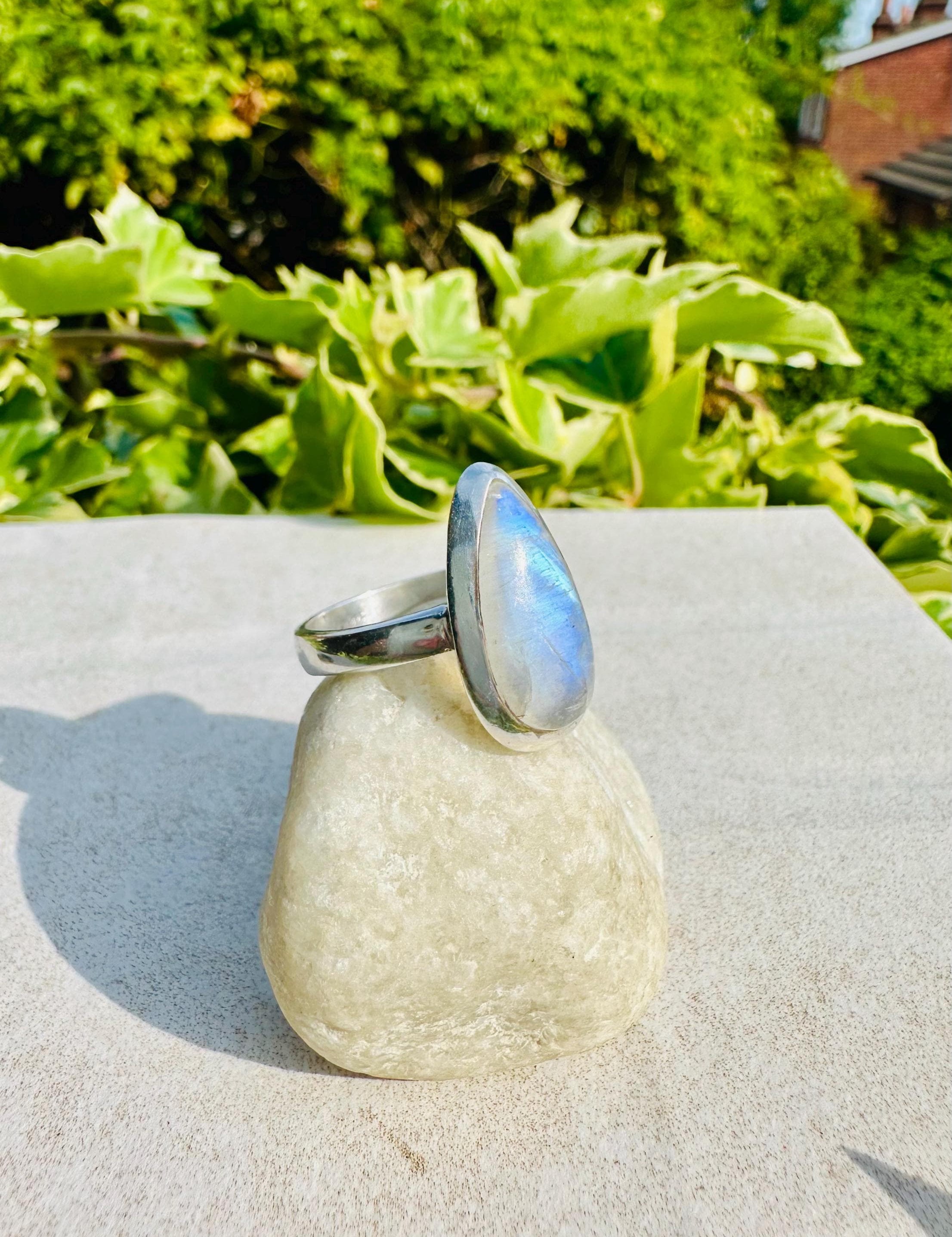Blue Fire Moonstone Cabochon Ring, Teardrop 21mm x 13mm, Sterling Silver Handmade UK gift