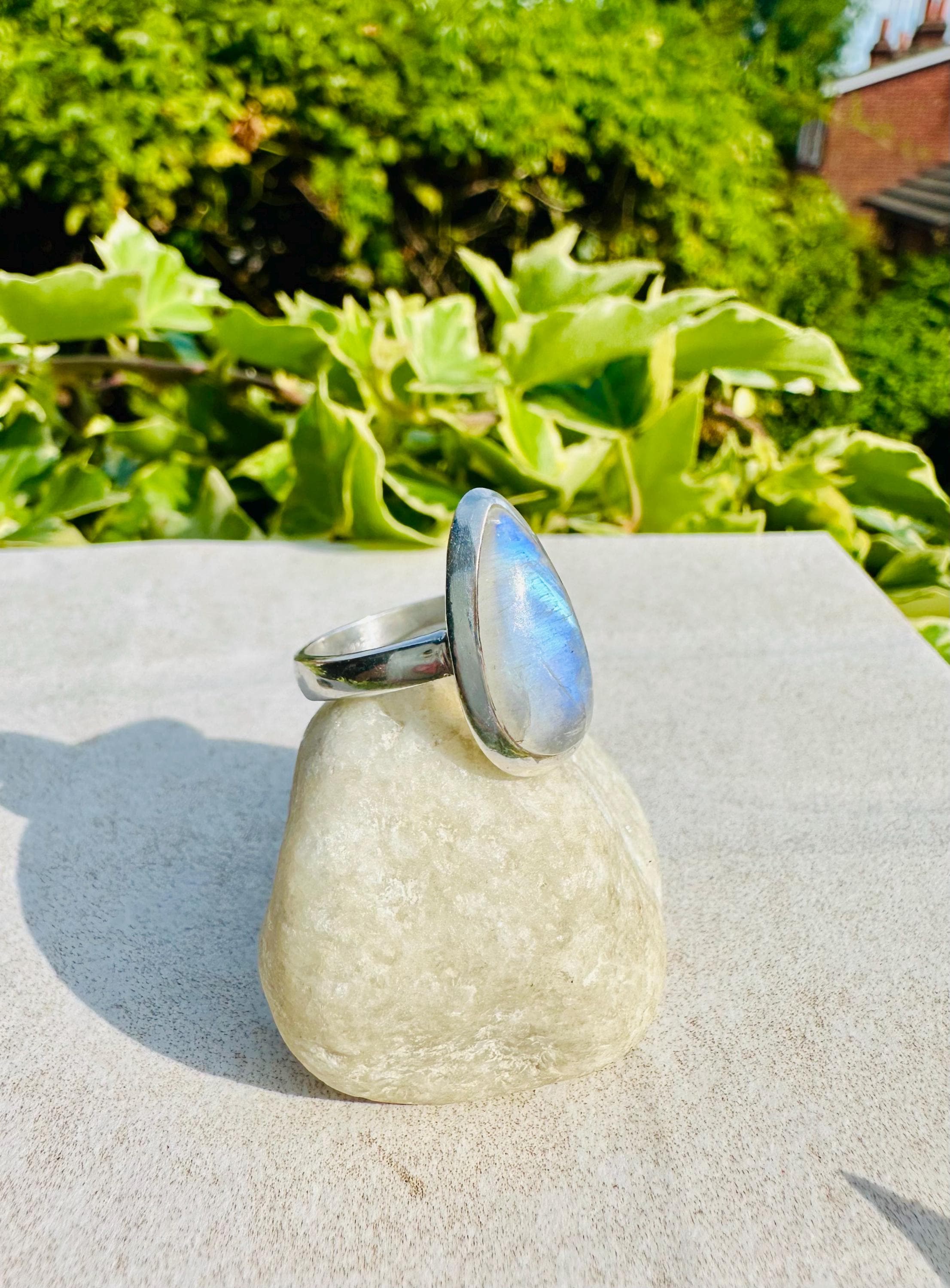 Blue Fire Moonstone Cabochon Ring, Teardrop 21mm x 13mm, Sterling Silver Handmade UK gift