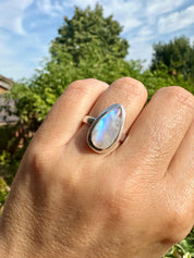 Blue Fire Moonstone Cabochon Ring, Teardrop 21mm x 13mm, Sterling Silver Handmade UK gift