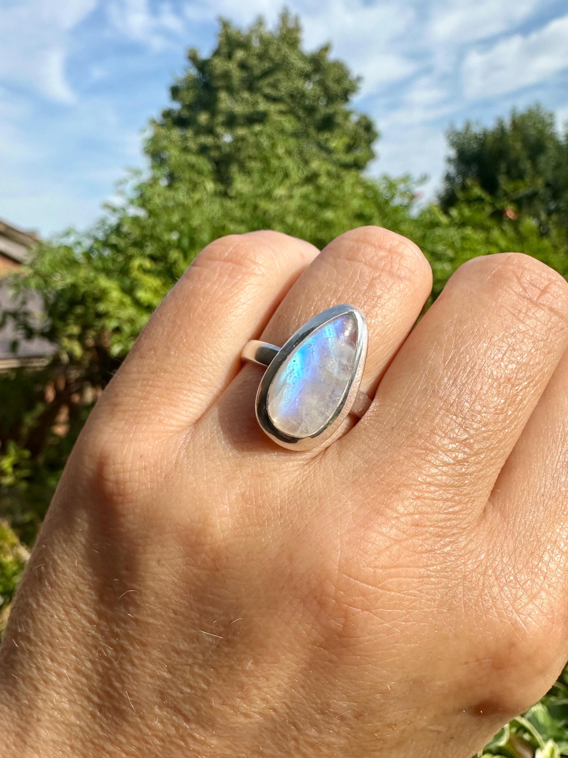 Blue Fire Moonstone Cabochon Ring, Teardrop 21mm x 13mm, Sterling Silver Handmade UK gift