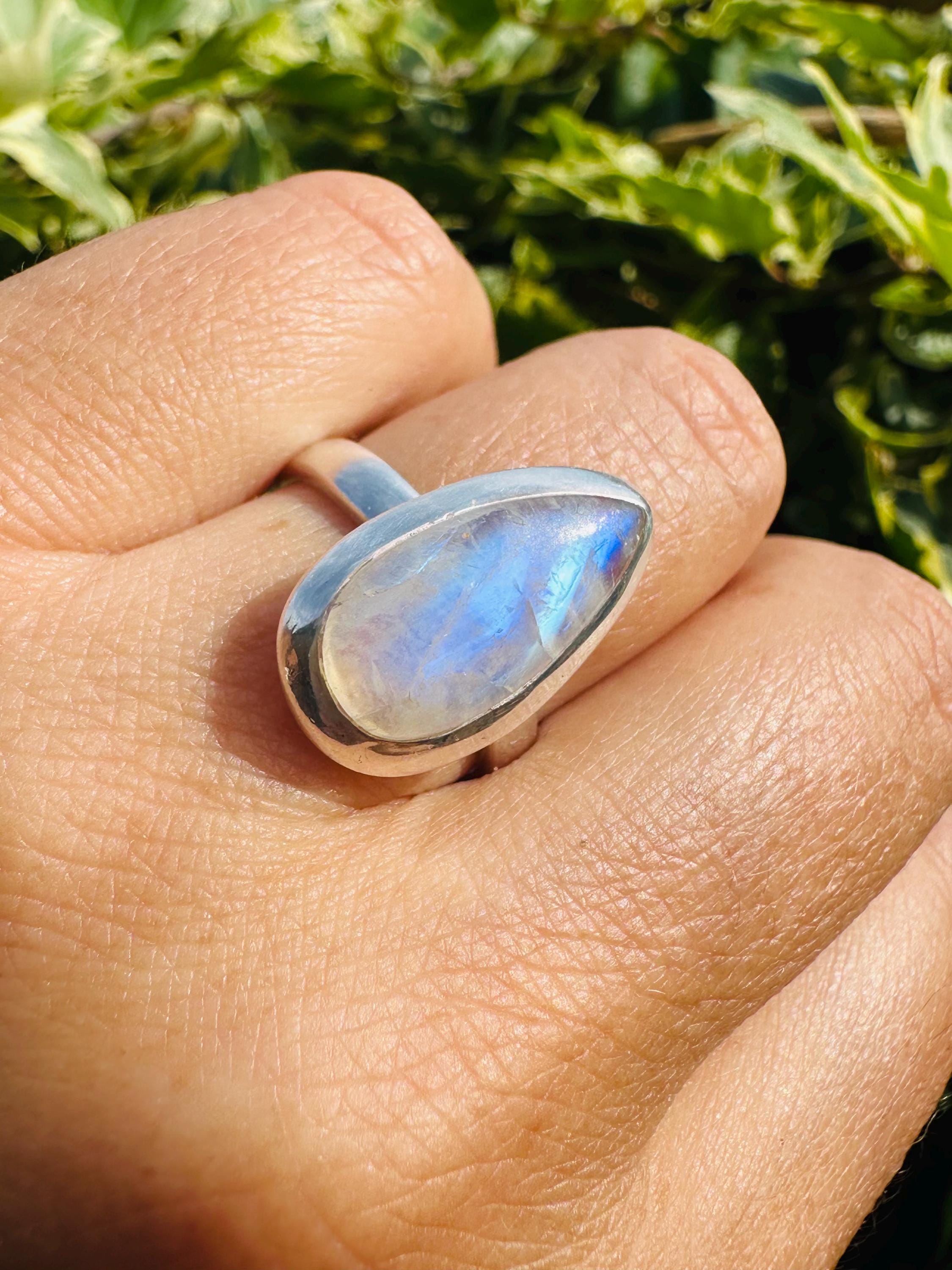 Blue Fire Moonstone Cabochon Ring, Teardrop 21mm x 13mm, Sterling Silver Handmade UK gift