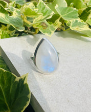 Blue Fire Moonstone Cabochon Ring, Teardrop 23mm x 16mm, Sterling Silver Handmade UK gift