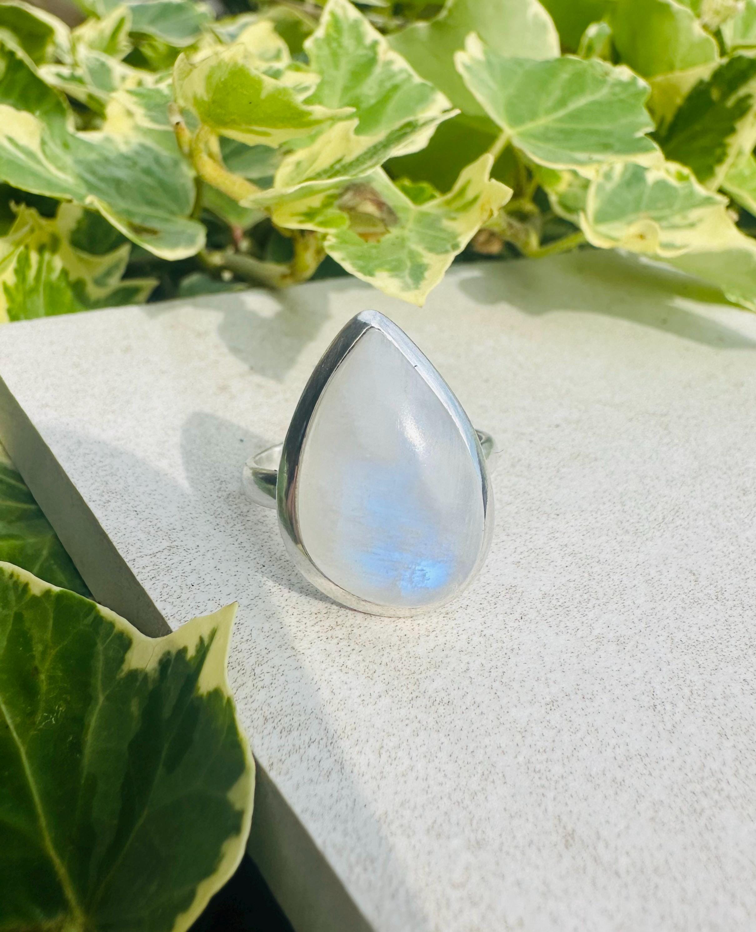 Blue Fire Moonstone Cabochon Ring, Teardrop 23mm x 16mm, Sterling Silver Handmade UK gift