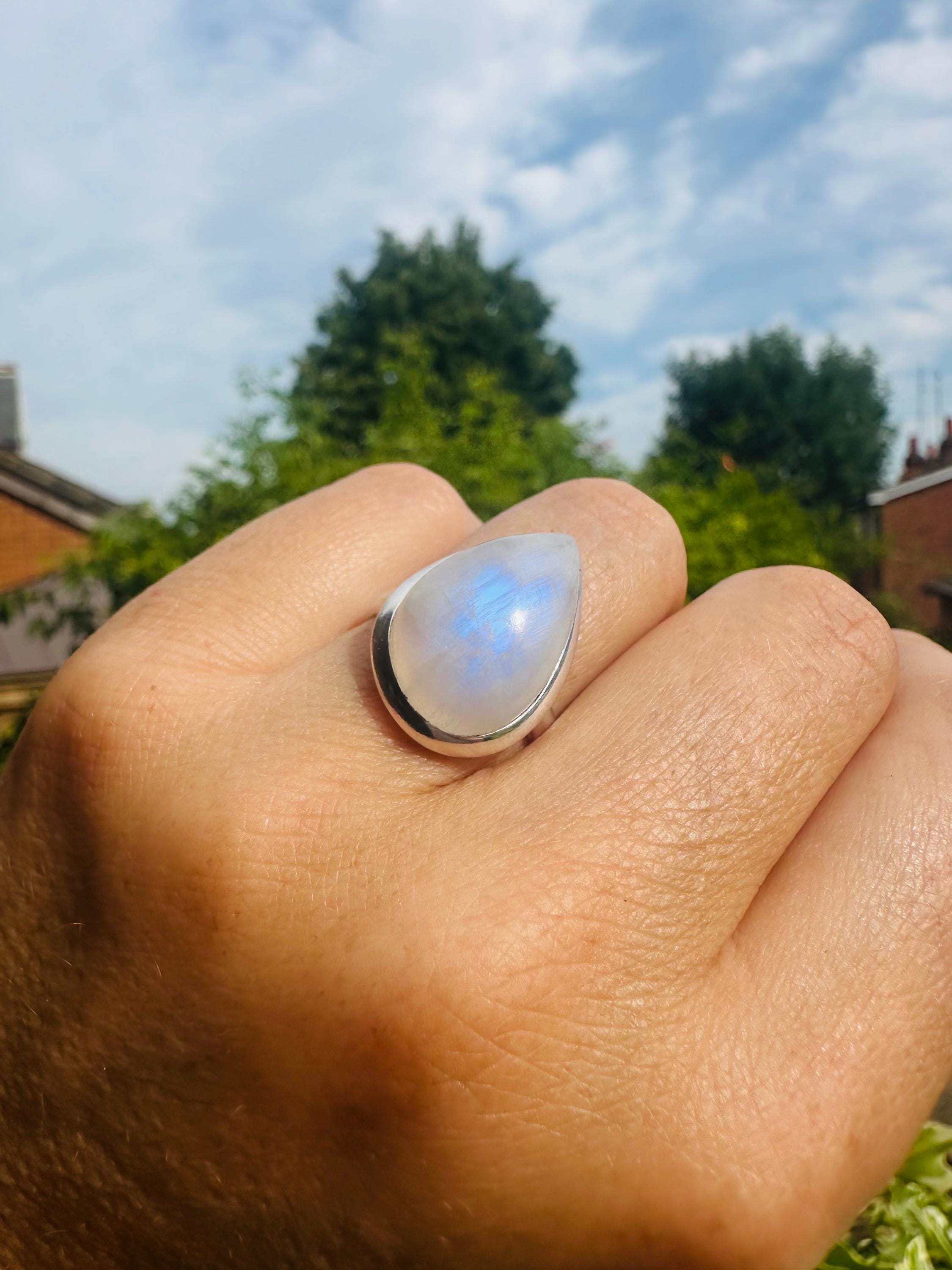 Blue Fire Moonstone Cabochon Ring, Teardrop 23mm x 16mm, Sterling Silver Handmade UK gift