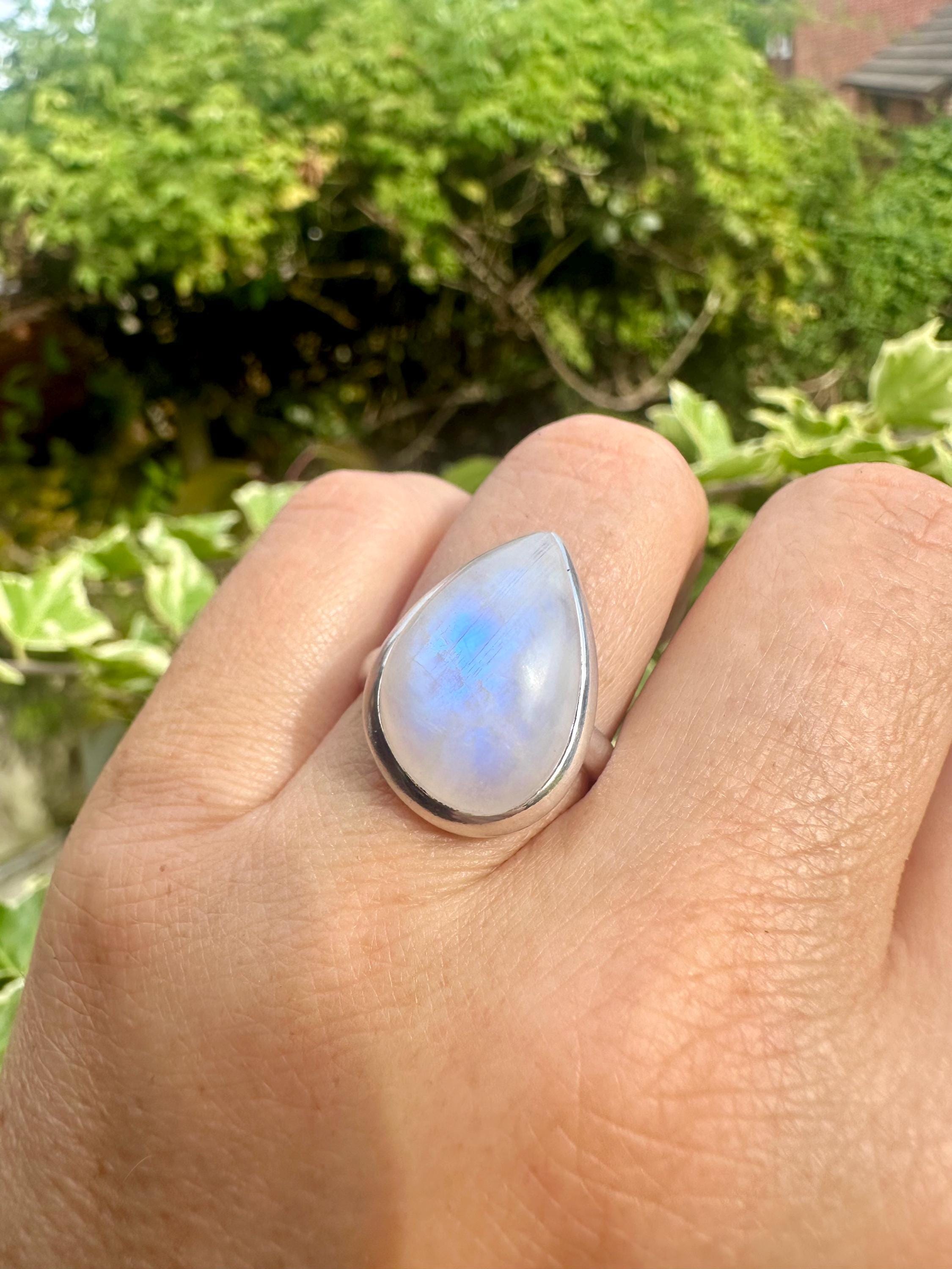 Blue Fire Moonstone Cabochon Ring, Teardrop 23mm x 16mm, Sterling Silver Handmade UK gift