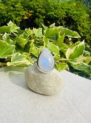 Blue Fire Moonstone Cabochon Ring, Teardrop 23mm x 16mm, Sterling Silver Handmade UK gift