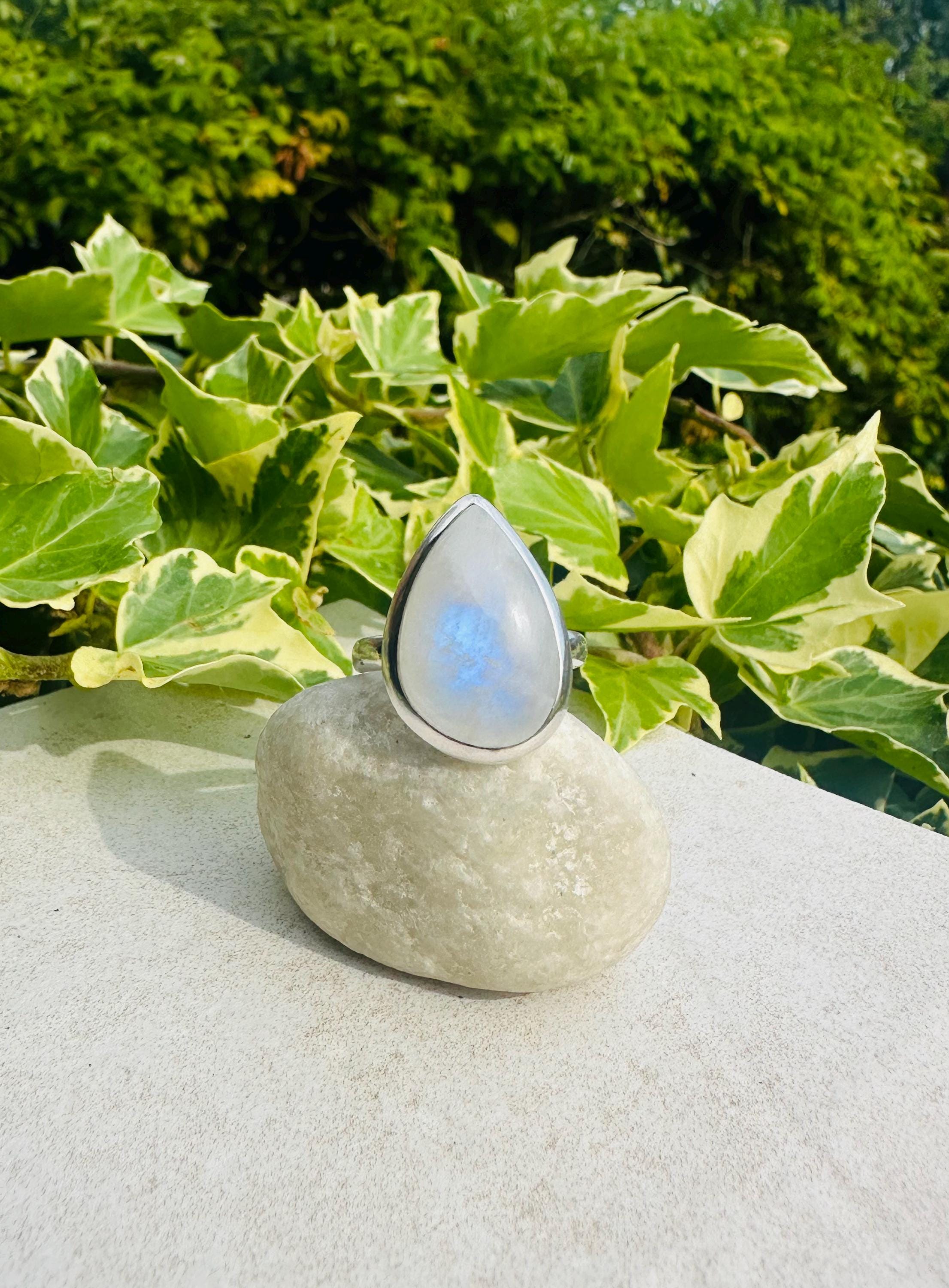 Blue Fire Moonstone Cabochon Ring, Teardrop 23mm x 16mm, Sterling Silver Handmade UK gift
