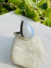 Blue Fire Moonstone Cabochon Ring, Teardrop 20mm x 13mm, Sterling Silver Handmade UK gift