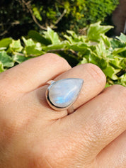 Blue Fire Moonstone Cabochon Ring, Teardrop 20mm x 13mm, Sterling Silver Handmade UK gift
