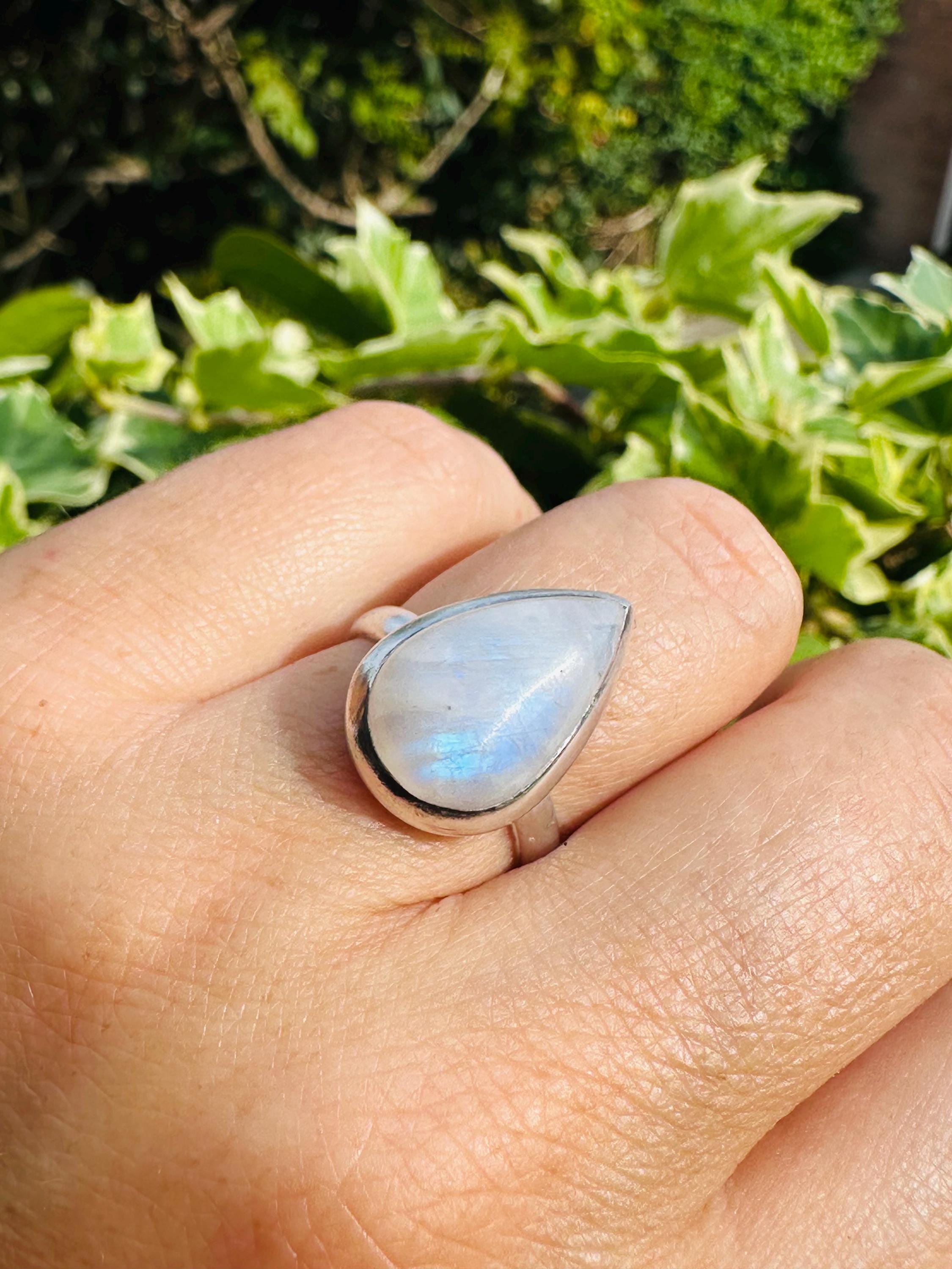Blue Fire Moonstone Cabochon Ring, Teardrop 20mm x 13mm, Sterling Silver Handmade UK gift