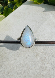 Blue Fire Moonstone Cabochon Ring, Teardrop 20mm x 13mm, Sterling Silver Handmade UK gift