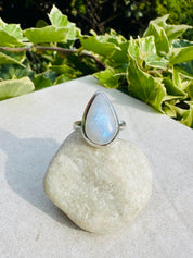 Blue Fire Moonstone Cabochon Ring, Teardrop 20mm x 13mm, Sterling Silver Handmade UK gift