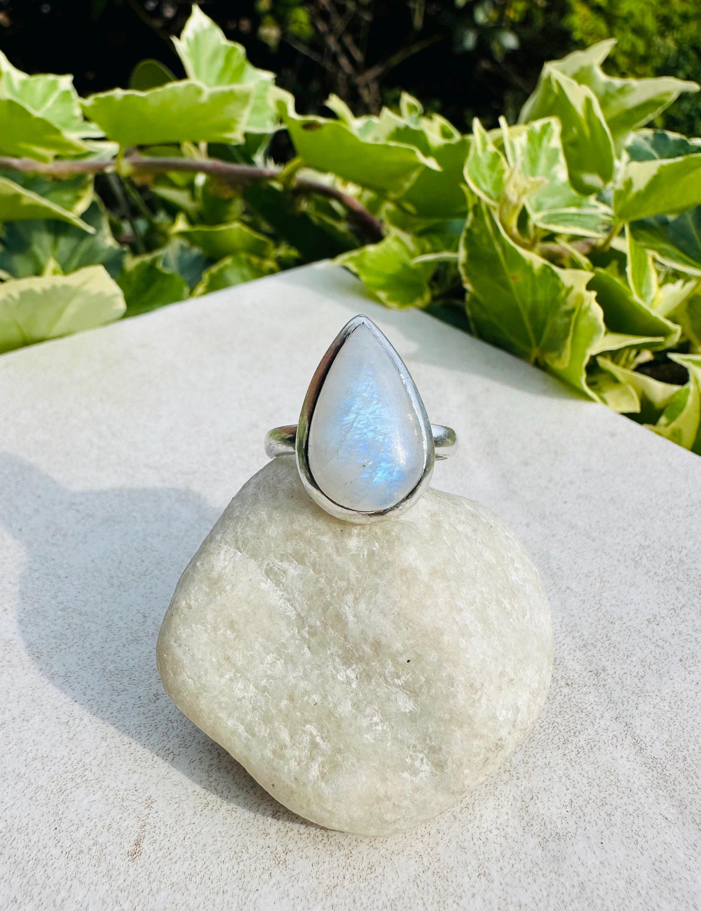 Blue Fire Moonstone Cabochon Ring, Teardrop 20mm x 13mm, Sterling Silver Handmade UK gift