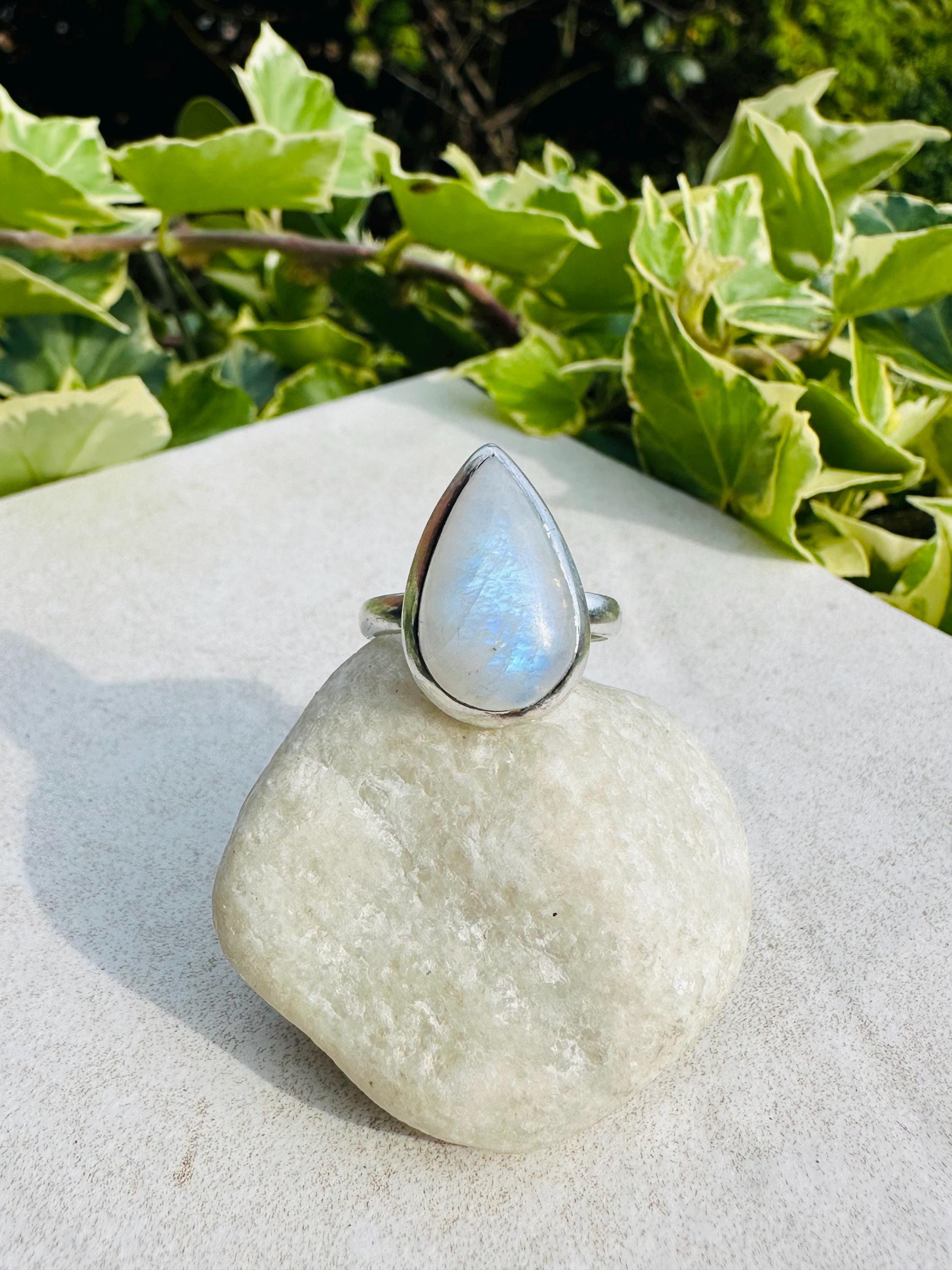 Blue Fire Moonstone Cabochon Ring, Teardrop 20mm x 13mm, Sterling Silver Handmade UK gift