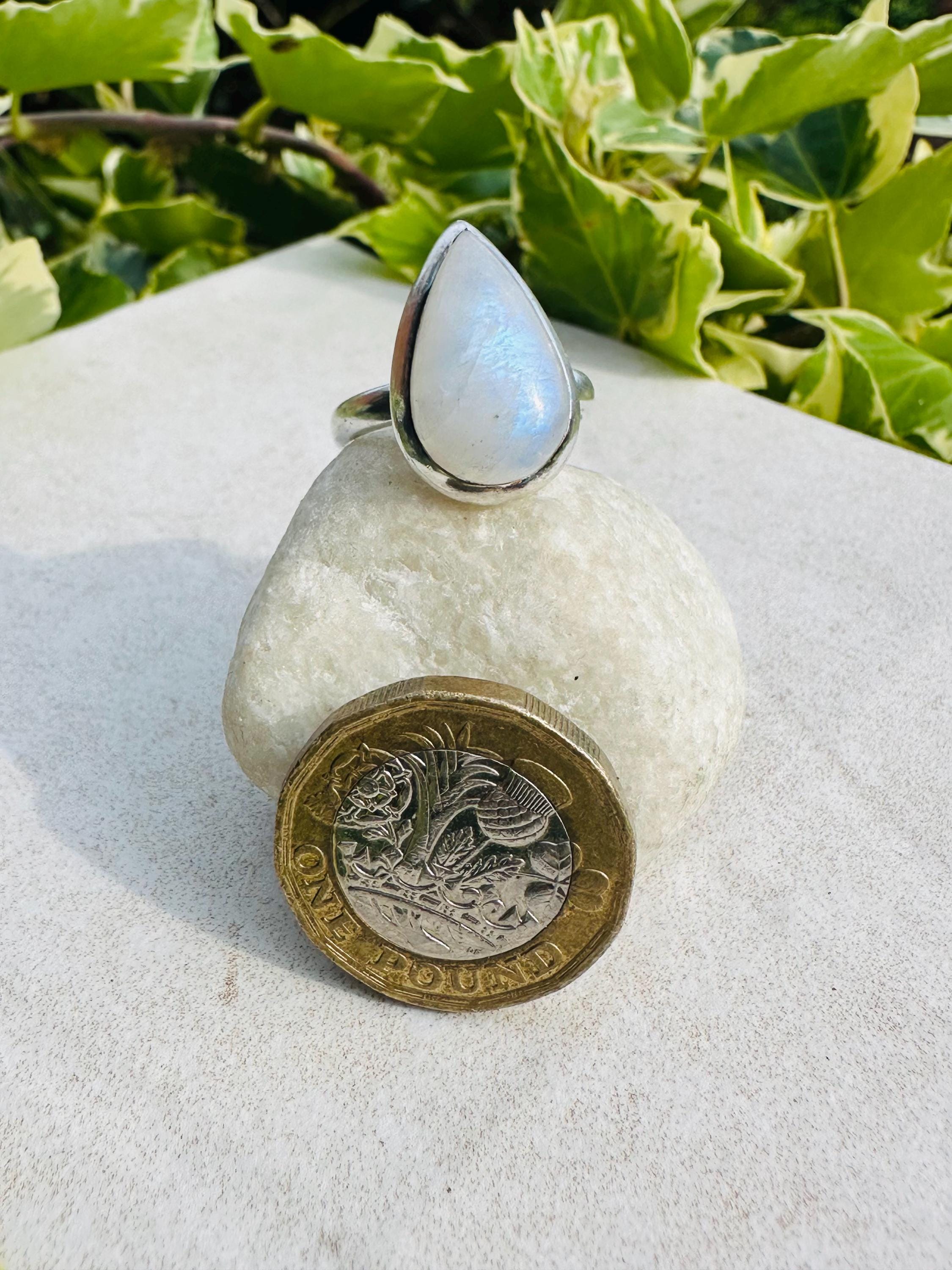 Blue Fire Moonstone Cabochon Ring, Teardrop 20mm x 13mm, Sterling Silver Handmade UK gift