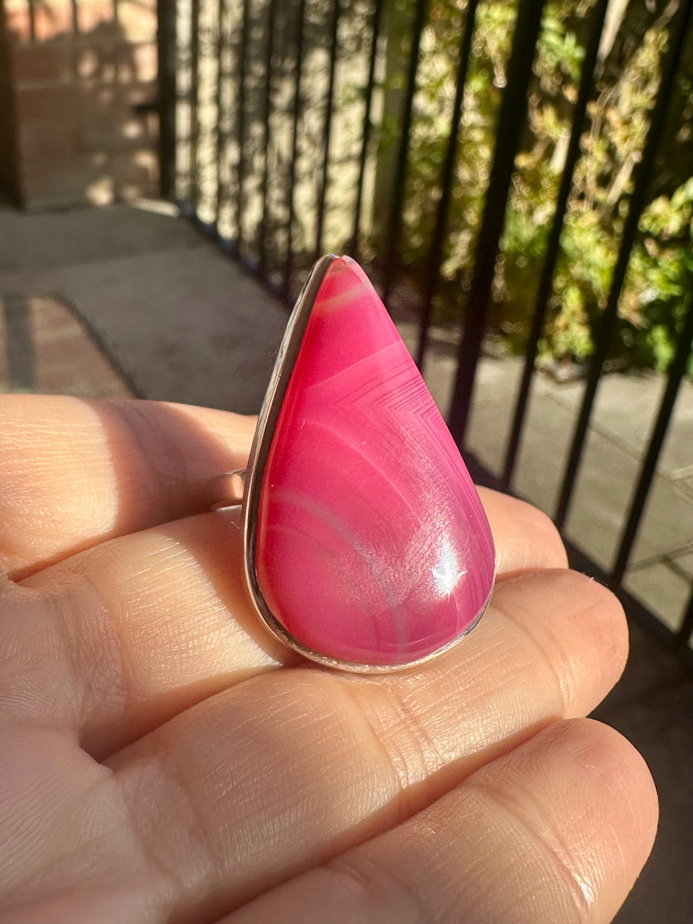 Pink Botswana Agate Ring, Teardrop 38mm x 25mm Sterling Silver, Handmade UK gift