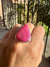Pink Botswana Agate Ring, Teardrop 38mm x 25mm Sterling Silver, Handmade UK gift