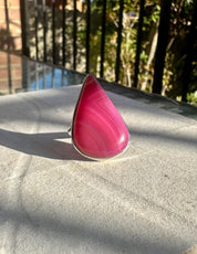 Pink Botswana Agate Ring, Teardrop 38mm x 25mm Sterling Silver, Handmade UK gift