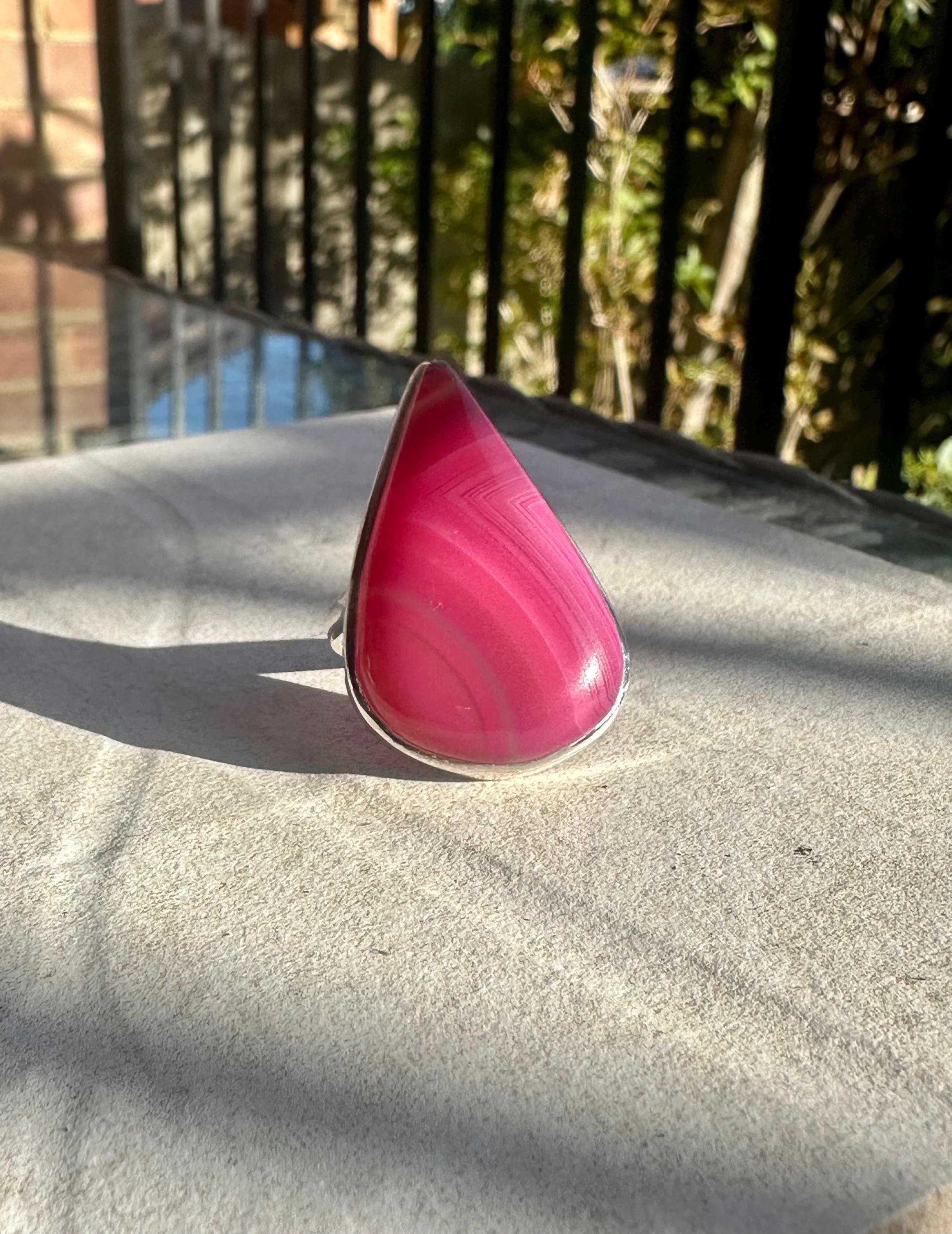 Pink Botswana Agate Ring, Teardrop 38mm x 25mm Sterling Silver, Handmade UK gift