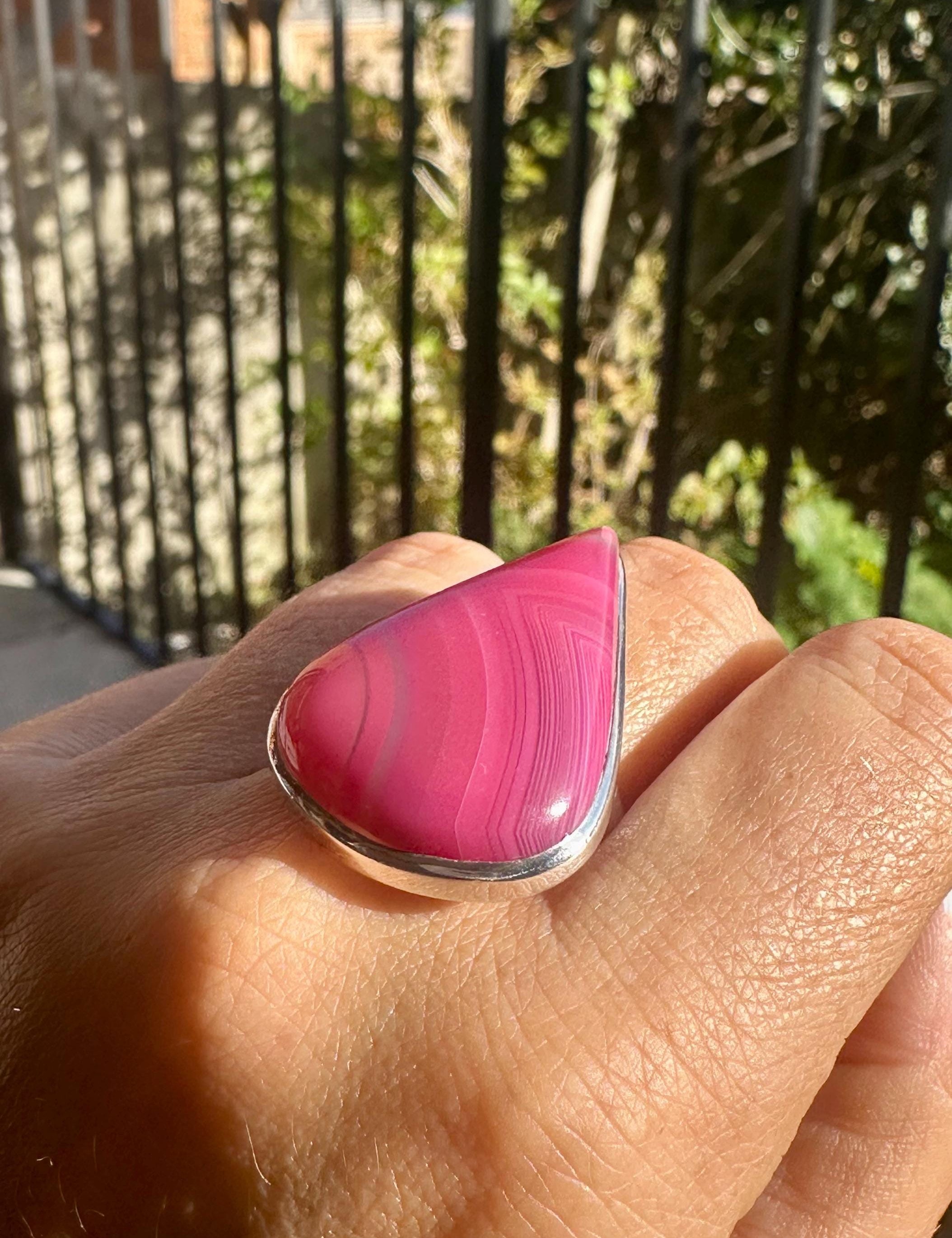 Pink Botswana Agate Ring, Teardrop 38mm x 25mm Sterling Silver, Handmade UK gift