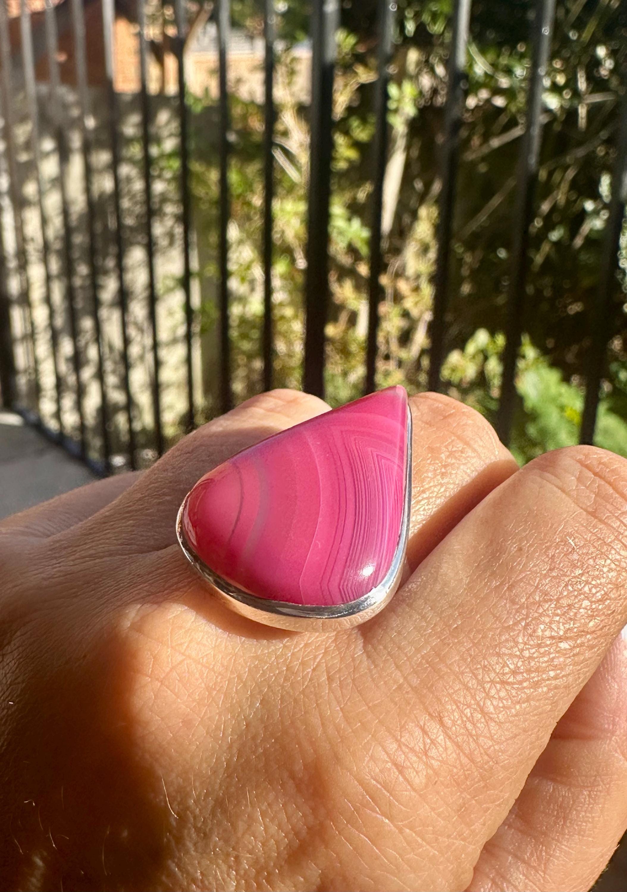 Pink Botswana Agate Ring, Teardrop 38mm x 25mm Sterling Silver, Handmade UK gift