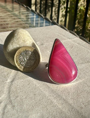 Pink Botswana Agate Ring, Teardrop 38mm x 25mm Sterling Silver, Handmade UK gift