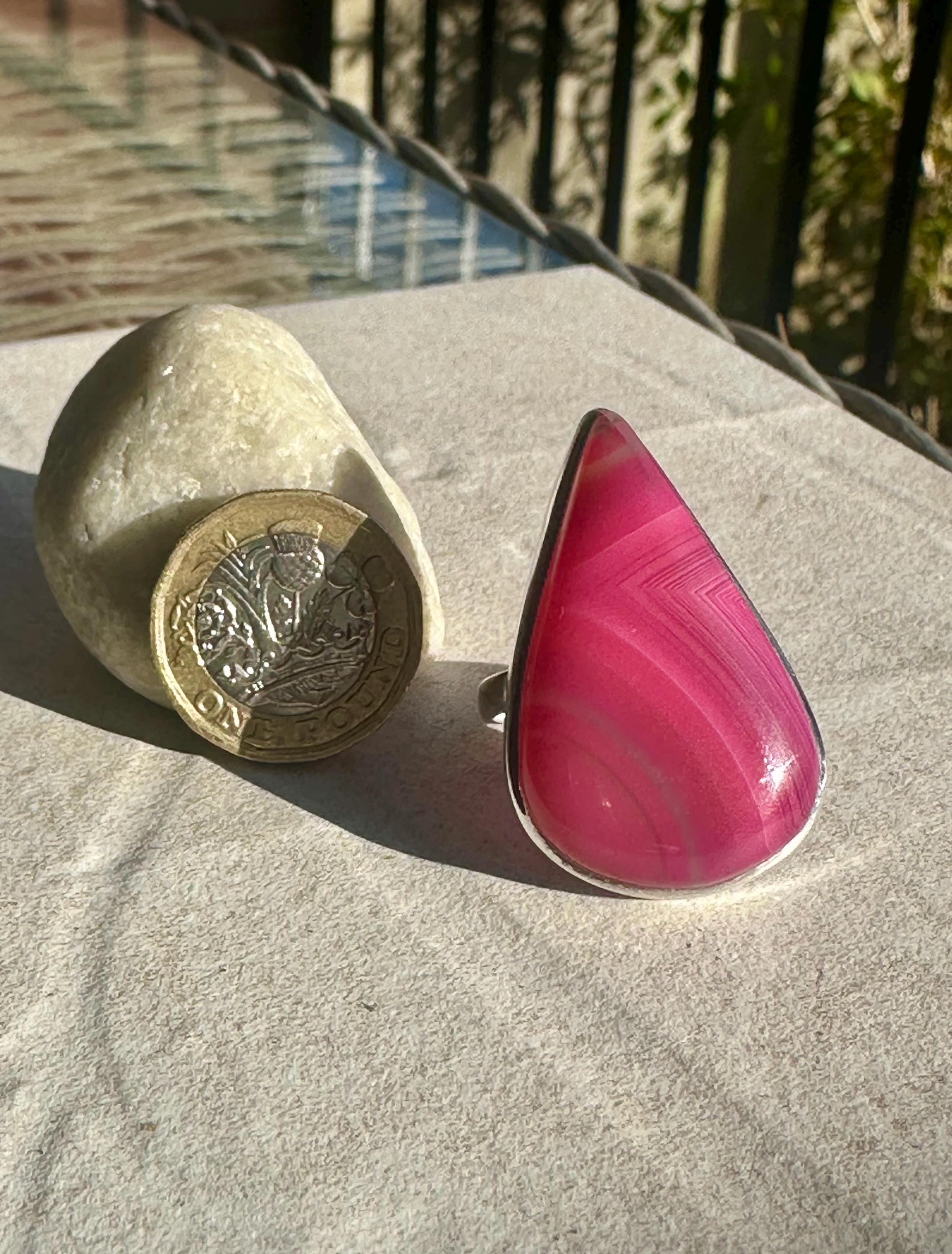 Pink Botswana Agate Ring, Teardrop 38mm x 25mm Sterling Silver, Handmade UK gift