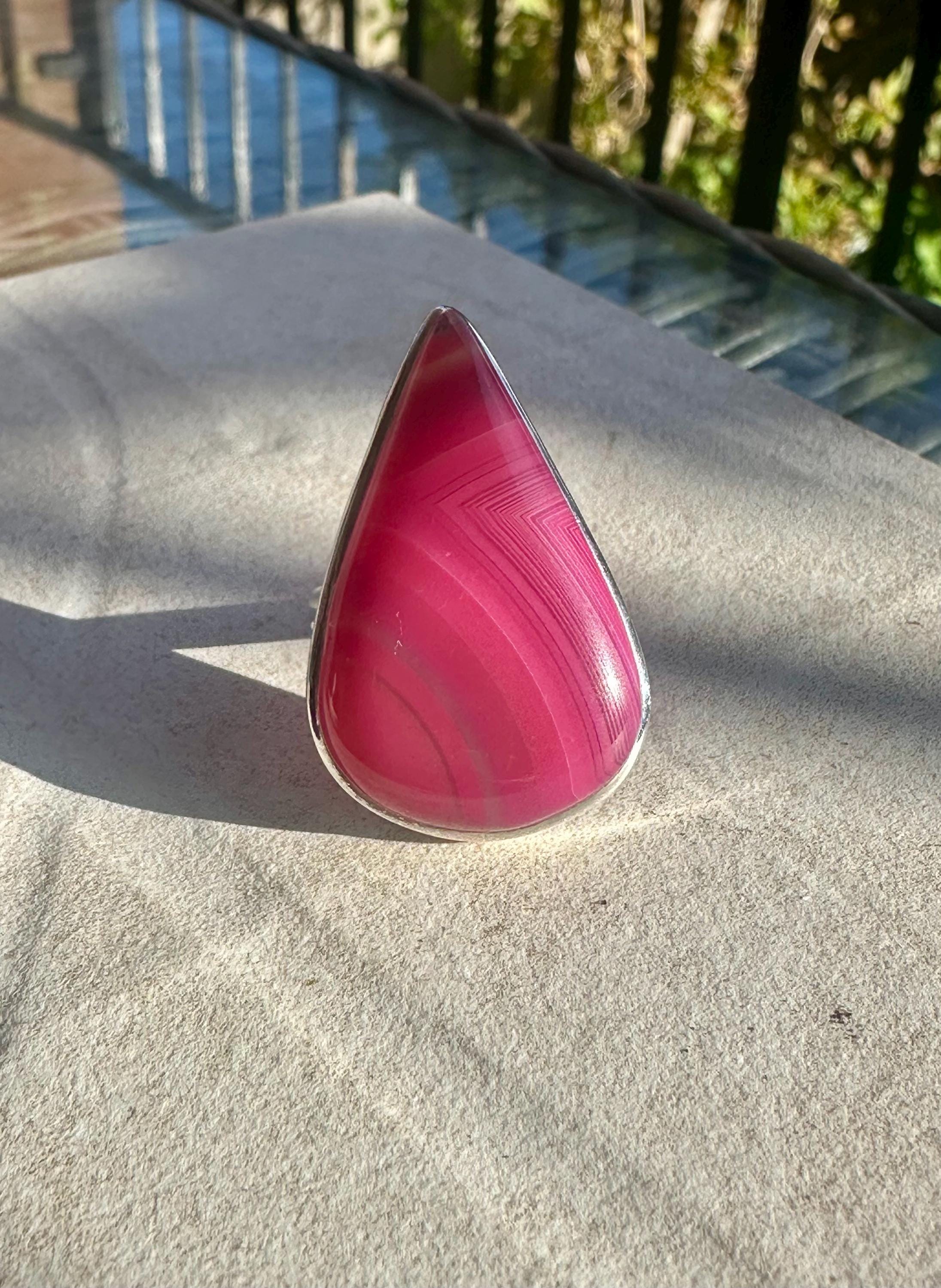 Pink Botswana Agate Ring, Teardrop 38mm x 25mm Sterling Silver, Handmade UK gift