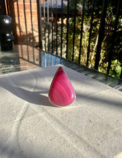 Pink Botswana Agate Ring, Teardrop 38mm x 25mm Sterling Silver, Handmade UK gift