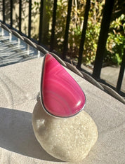 Pink Botswana Agate Ring, Teardrop 38mm x 25mm Sterling Silver, Handmade UK gift