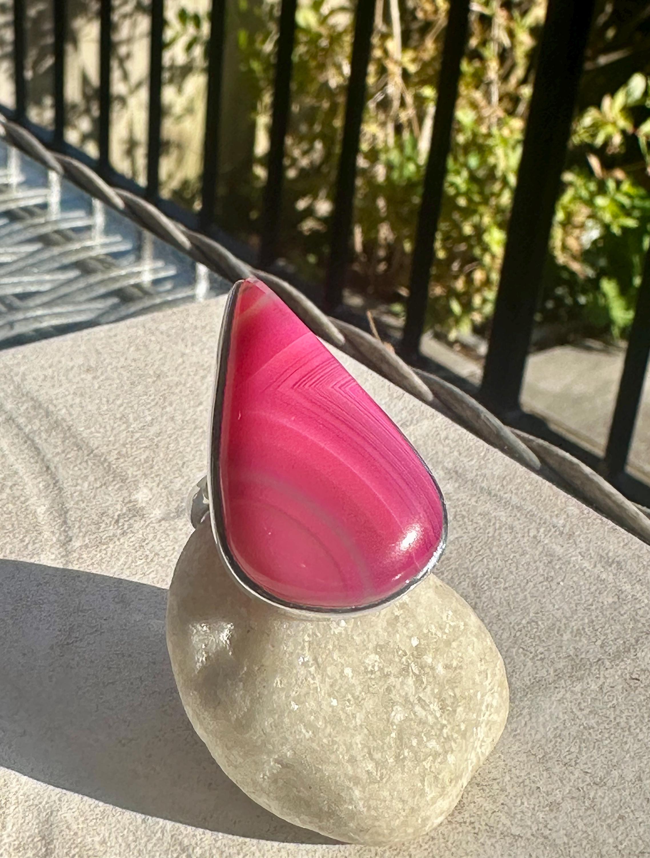 Pink Botswana Agate Ring, Teardrop 38mm x 25mm Sterling Silver, Handmade UK gift