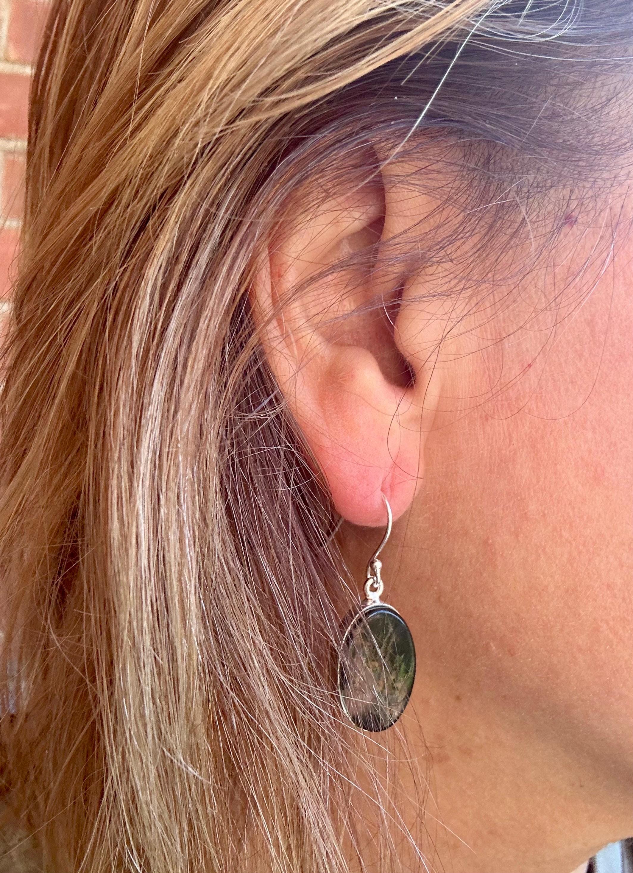 Moss Agate Dangle Earrings, Large Oval 20mm x 14mm Sterling Silver, Handmade UK gift