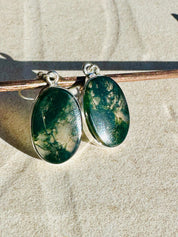 Moss Agate Dangle Earrings, Large Oval 20mm x 14mm Sterling Silver, Handmade UK gift