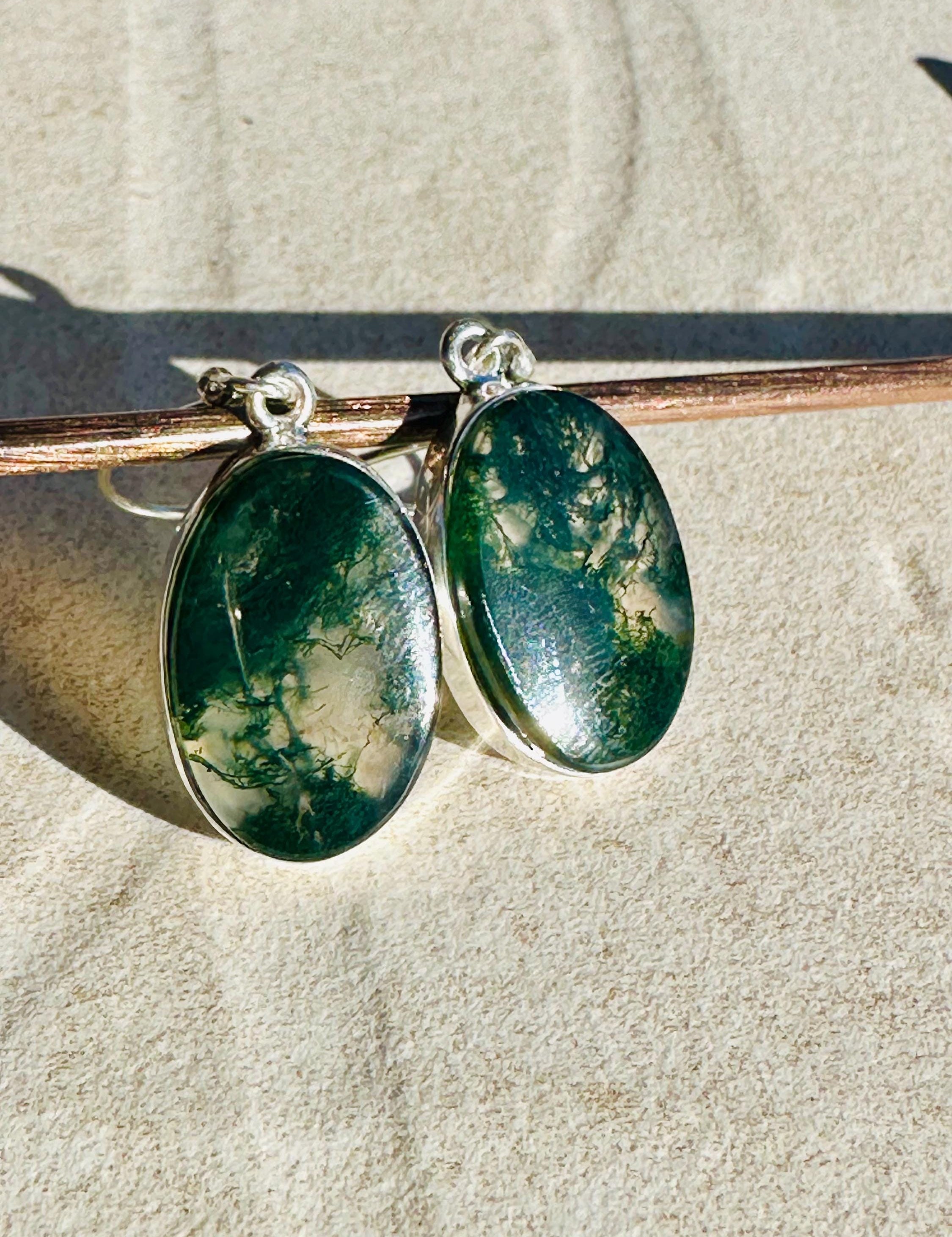 Moss Agate Dangle Earrings, Large Oval 20mm x 14mm Sterling Silver, Handmade UK gift