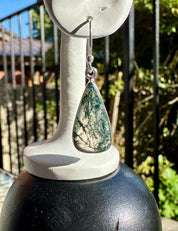 Moss Agate Dangle Earrings, Large Teardrop 22mm x 12mm Sterling Silver, Handmade UK gift