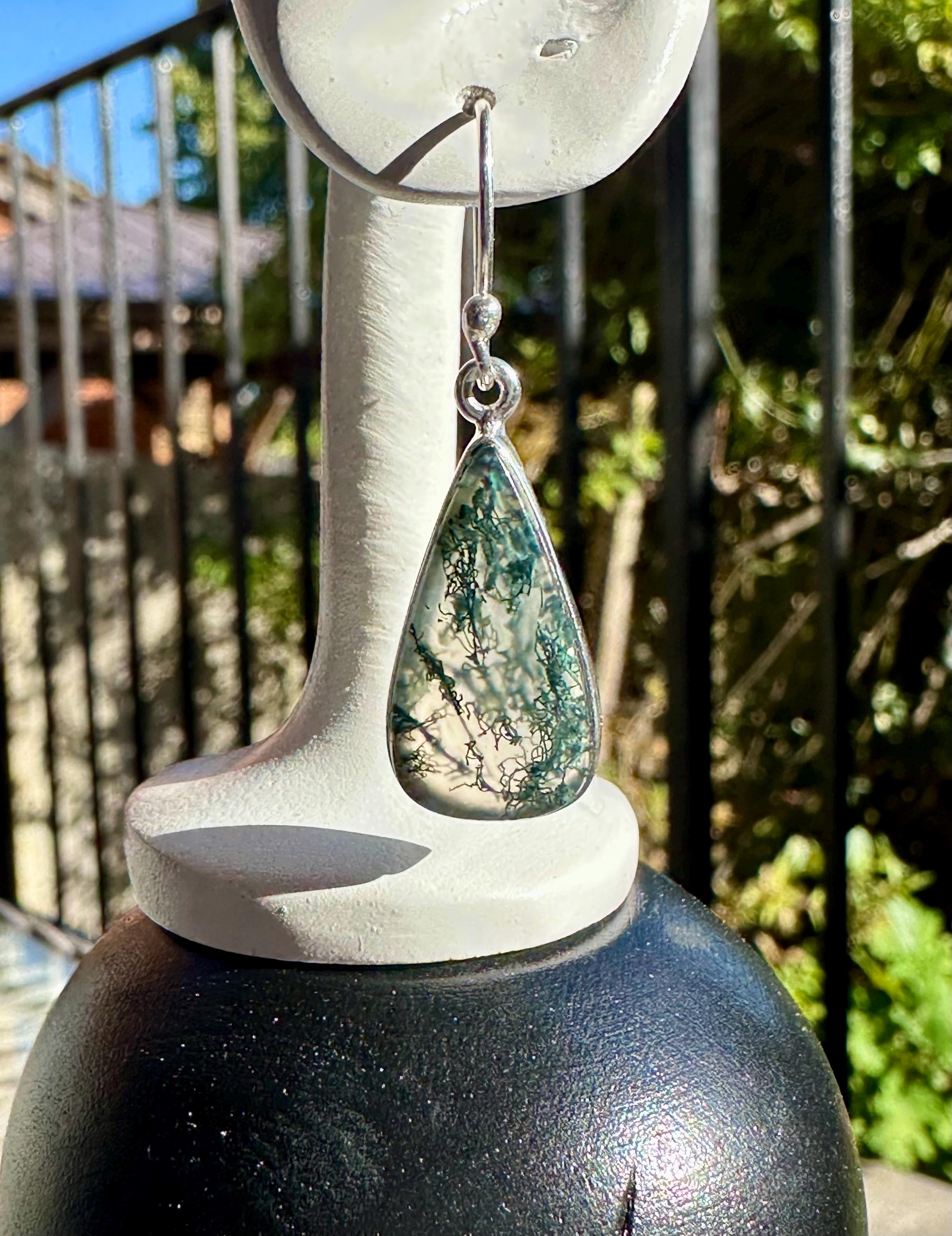 Moss Agate Dangle Earrings, Large Teardrop 22mm x 12mm Sterling Silver, Handmade UK gift