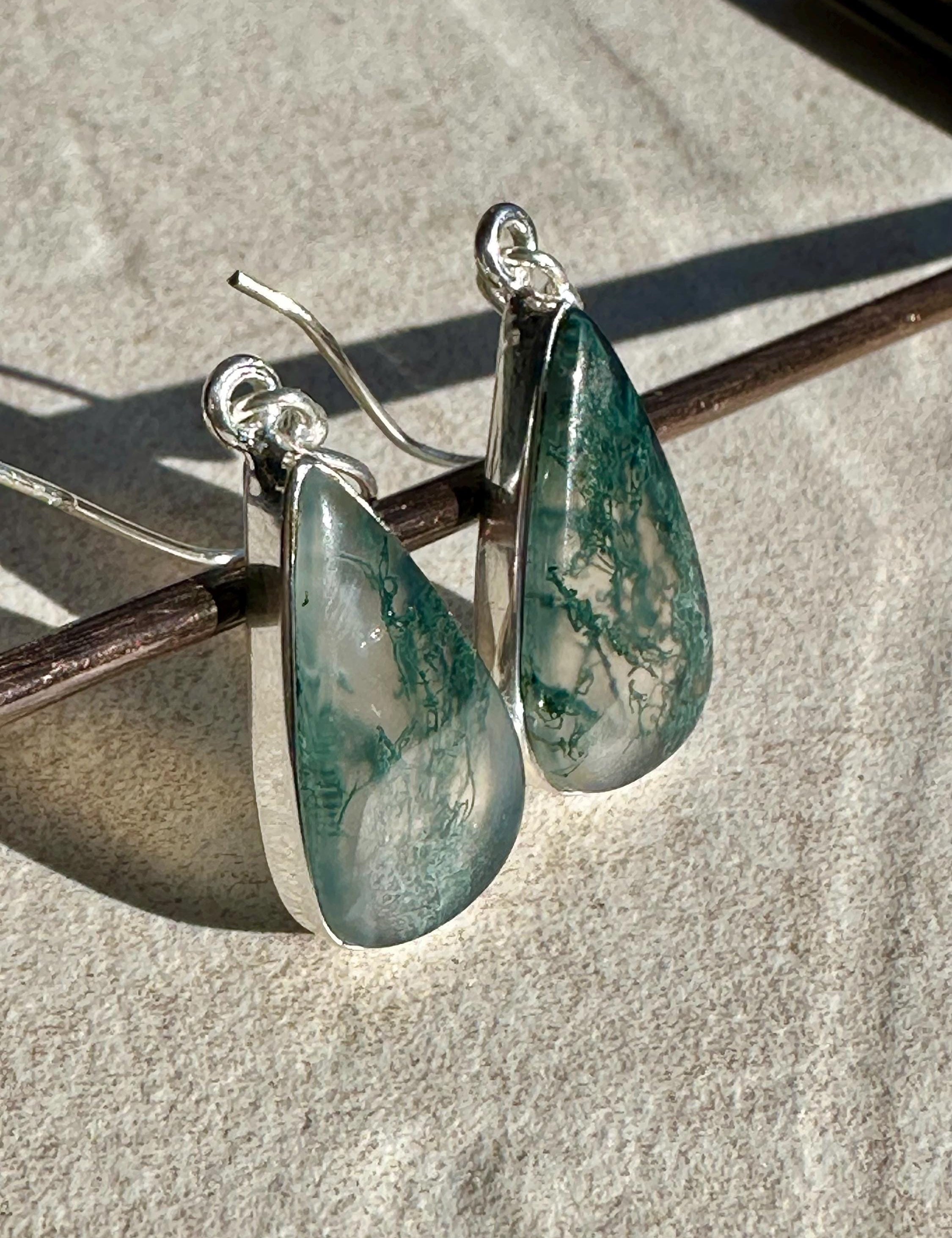 Moss Agate Dangle Earrings, Large Teardrop 22mm x 12mm Sterling Silver, Handmade UK gift